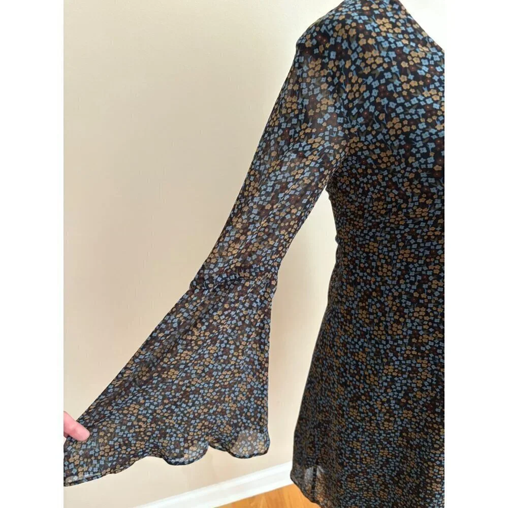 CAbi Poise Floral Semi-Sheer Floral Bell Sleeve Chiffon Fall Dress Size XS